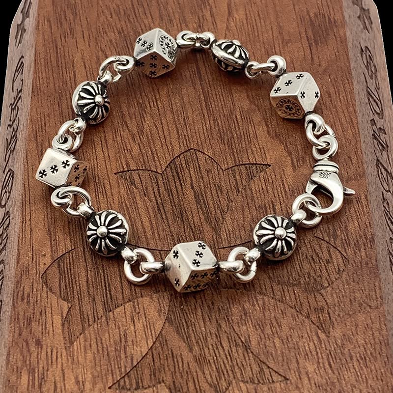Chrome Hearts Sterling Silver Dice and Flower Bead Bracelet